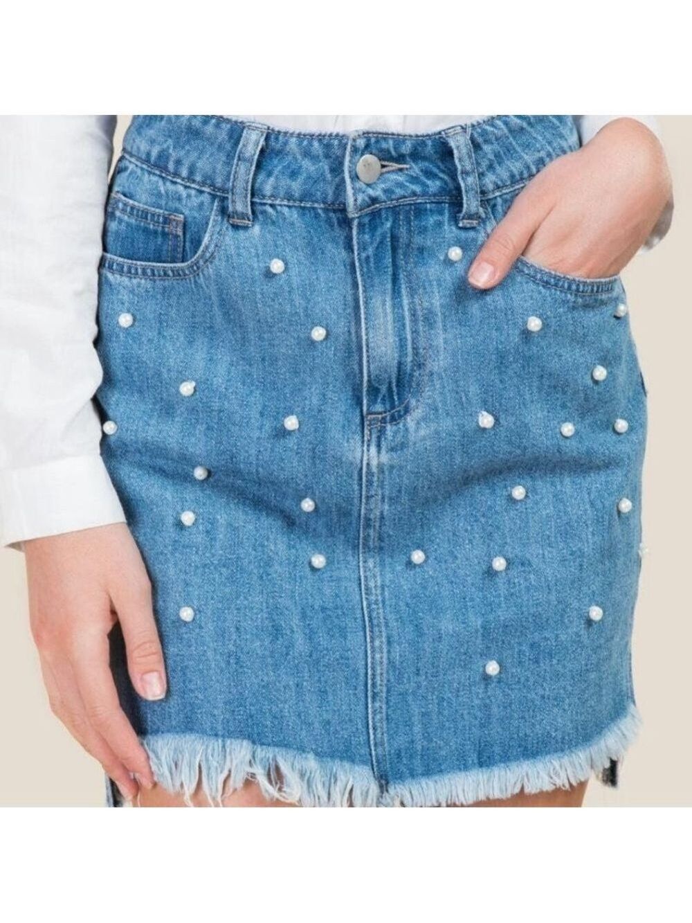 Francesca's Ginny Pearl Step Hem Denim Mini Skirt
